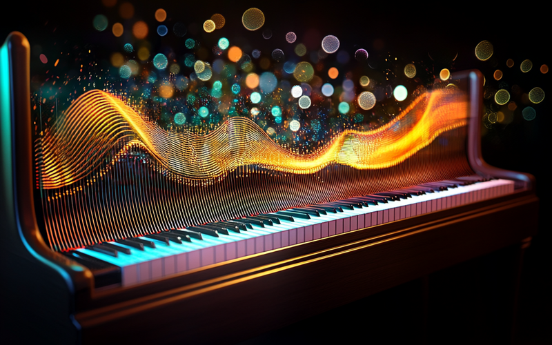 Zu sehen ist ein beleuchtetes Klavier mit leuchtenden Klangwellen und bunten Lichtpunkten, die Musik visuell darstellen.