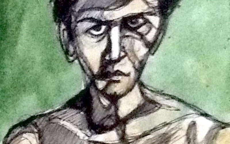 Watercolour on paper showing Abir Chattopadhyay.