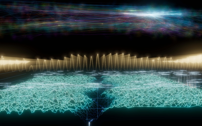An abstract landscape made of glowing neon lines.