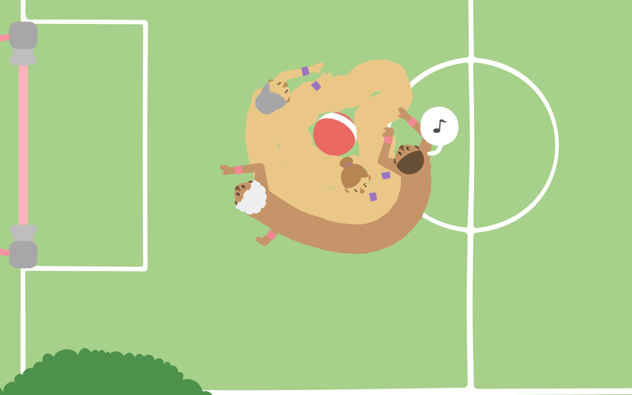 Zwei Spielfiguren kämpfen um einen Ball auf einem Fußballfeld