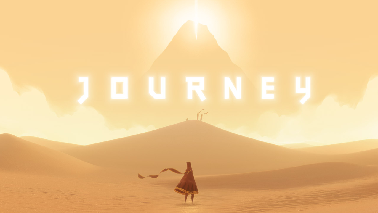Eine Spielfigursteht in der Wüste vor einem Berg, darüber steht der Schriftzug »Journey«