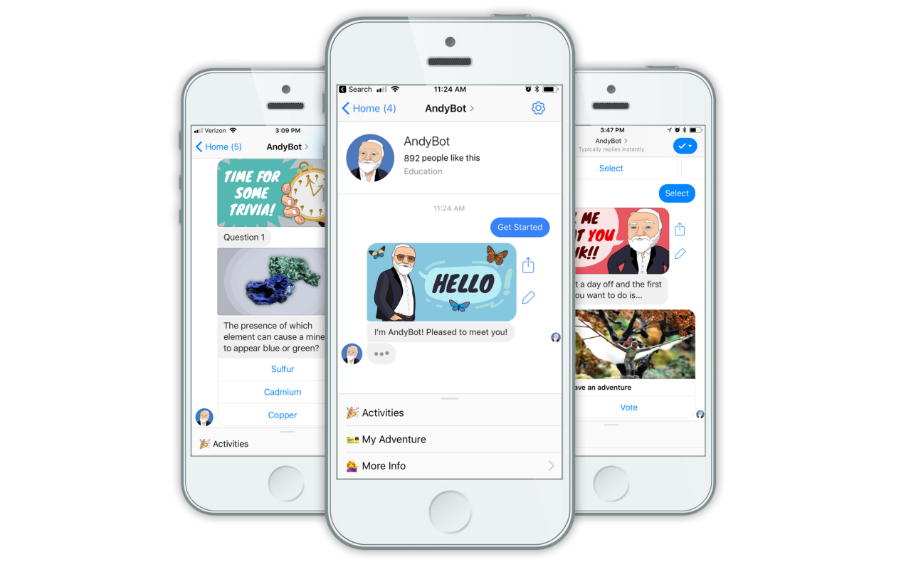 Drei Mobiltelefone mit Nachrichten des Chatbots Andy vom Carnegie Museum. 