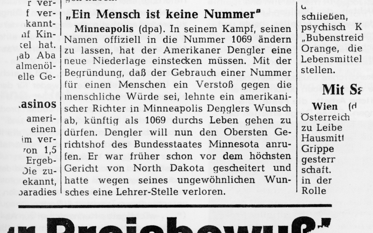 Zeitungsartikel mit der Überschrift: Ein Mensch ist keine  Nummer