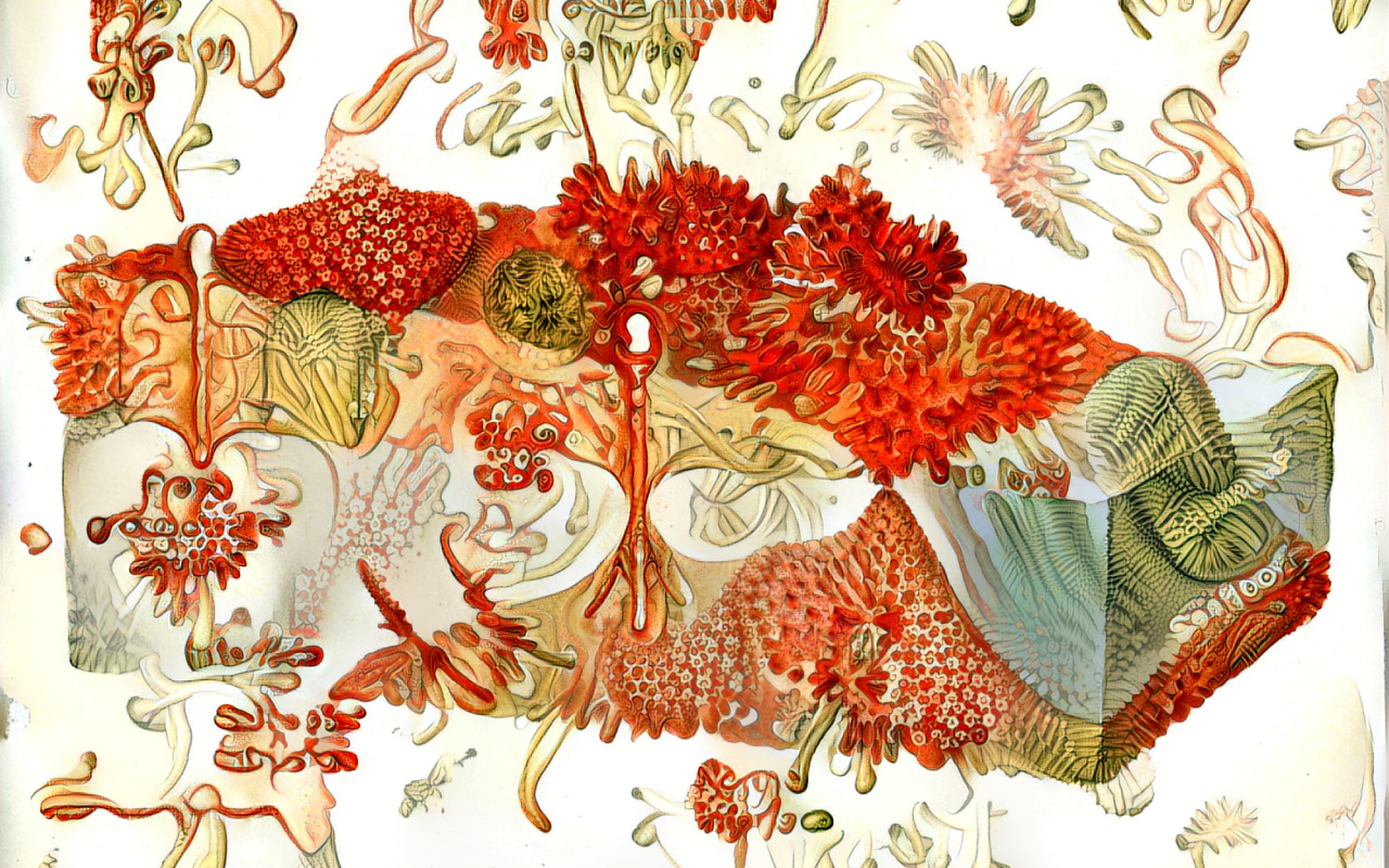 A drawing can be seen whose basic form is reminiscent of a cross section of the soil. However, this is no longer divided into soil layers, but a convolute of different entities. The tubular bulges radiate in red colour.