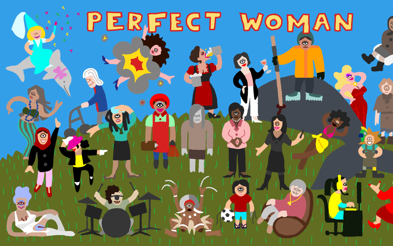 Unter dem Schriftzug »Perfect Woman« versammeln sich viele einäugige Figuren