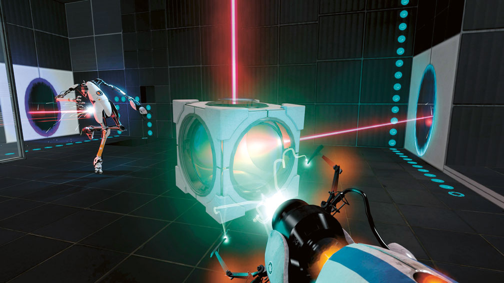 Aus der Ego-Perspektive fällt der Blick auf einen Kubus durch den Laserstrahlen gehen