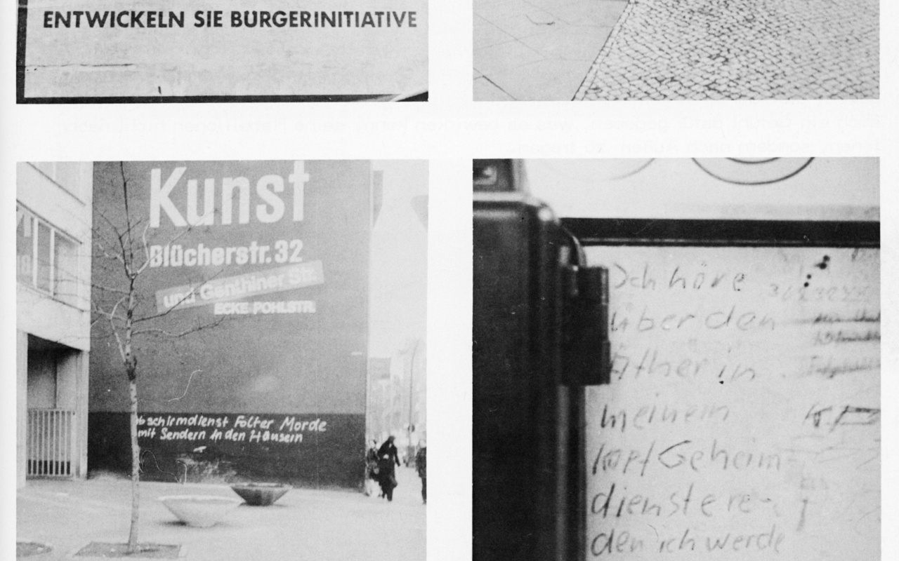 Vier Fotos mit Grafittis des sogenannten "Sendermanns".
