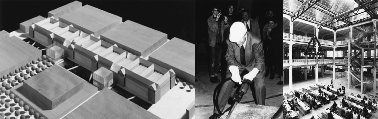 Vlnr: Entwurf des Umbaus, Heinrich Klotz beim Spatenstich, festliches ZKM_Foyer