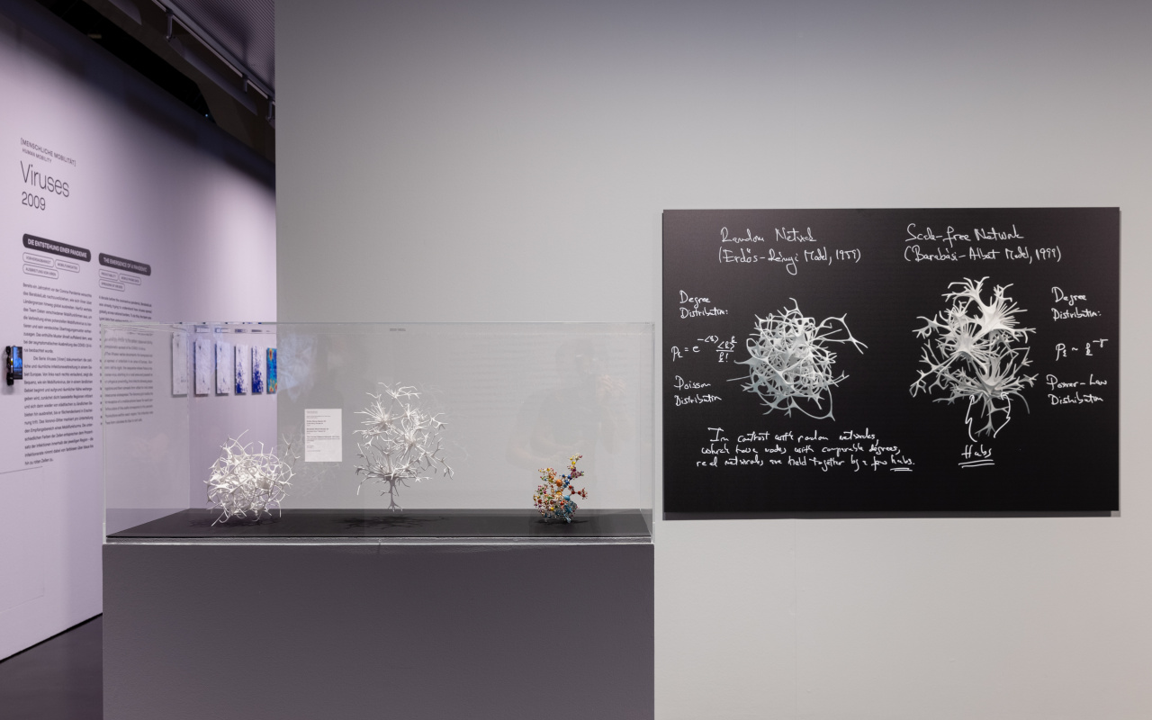 Exhibition view with »Network Canon« as a 3D model and image on the wall.