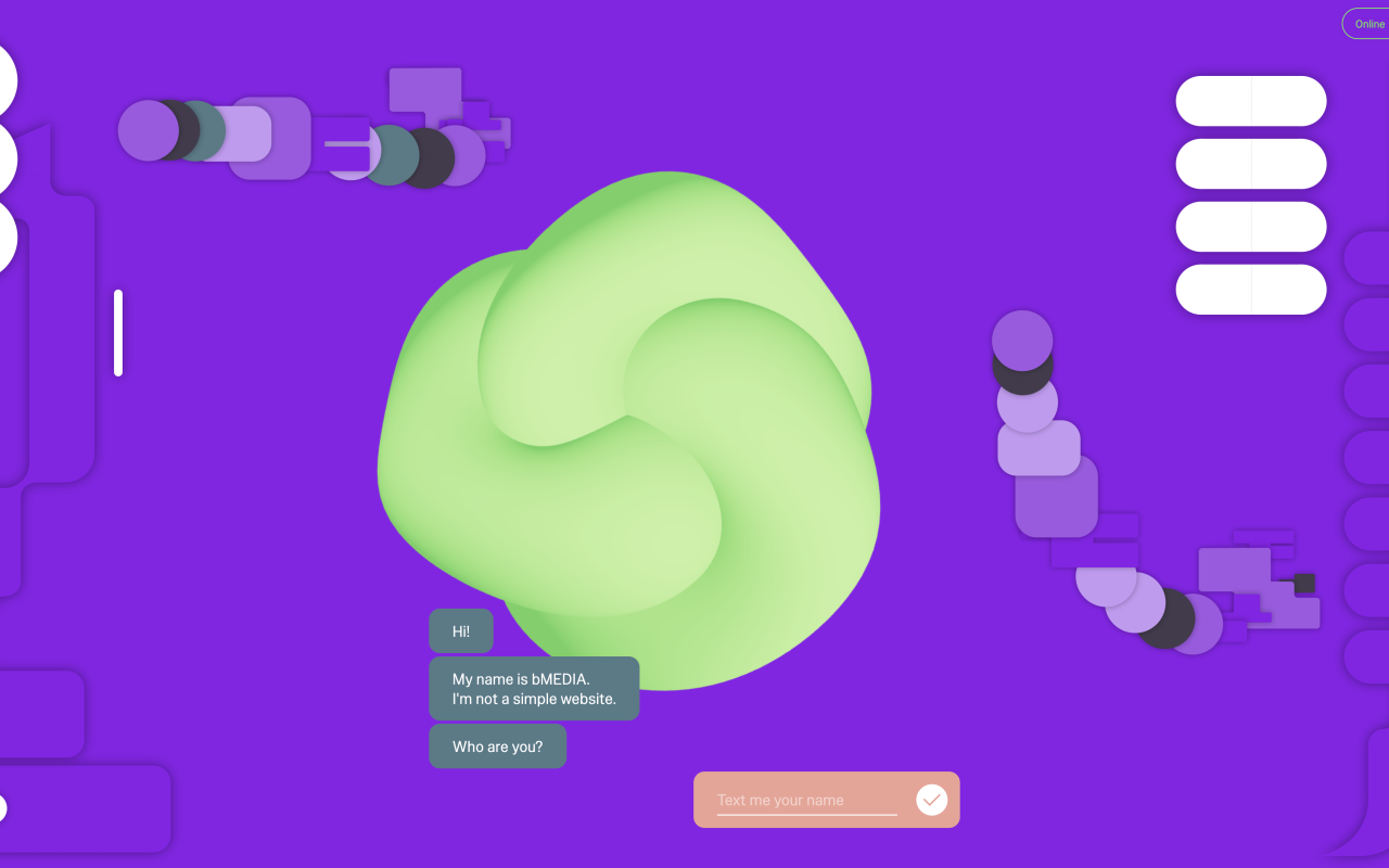 Digital platform of the exhibition »BioMedia«. You can see an animated node-like green object on a purple background.