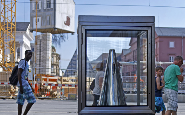 A megaphone in a glass cabinet