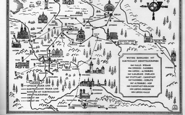 Eine historische Deutschlandkarte mit eingezeichneten Telegrafenlinien