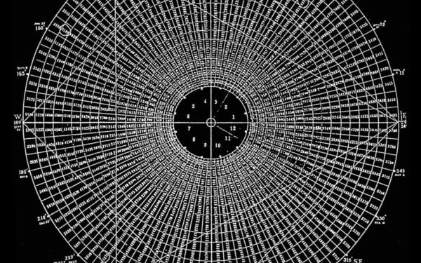 Kreisförmiges Diagramm mit weißen Zahlen und Linien auf schwarzem Grund