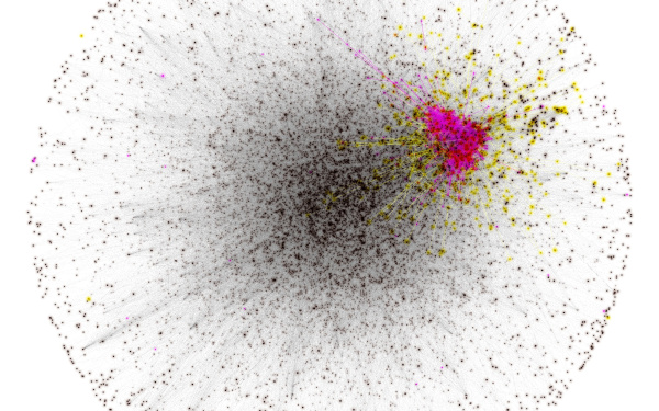 Zu sehen ist eine Visualisierung eines Netzwerkes. Das Netzwerk sieht aus wie ein Ball. In der Mitte kumulieren sich mehr Kanten und Knoten als weiter weg von der Mitte.