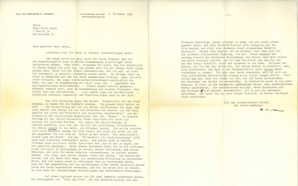 Letter by Theodor W. Adorno to Peter Gente, 2.11.1965.