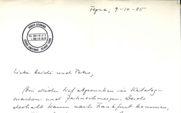 Brief von Harald Szeemann an den Merve Verlag, 9.10.1985.