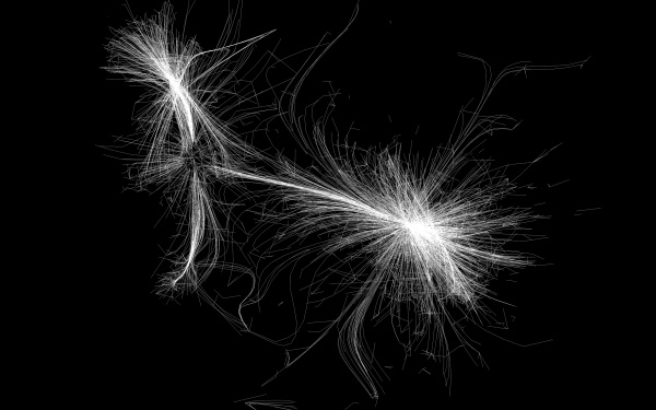 A visualisation of a network. It resembles fringed white threads on a black background