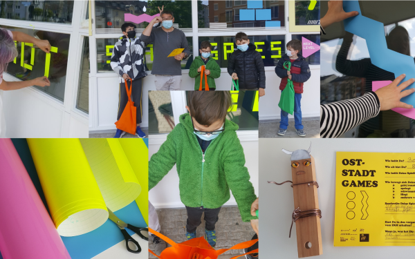 Collage von Fotos mit Kindern, die in Workshops basteln