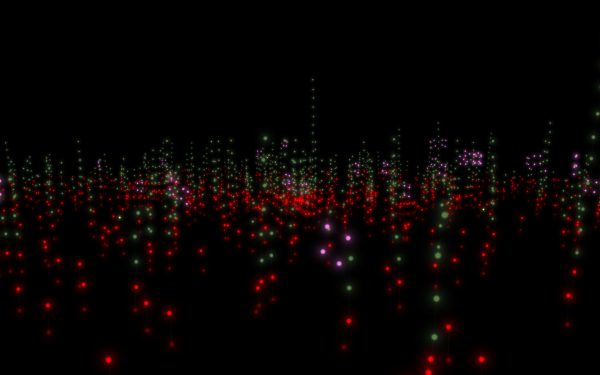 Feld von Säulen aus grünen, roten und violetten Lichtpunkten