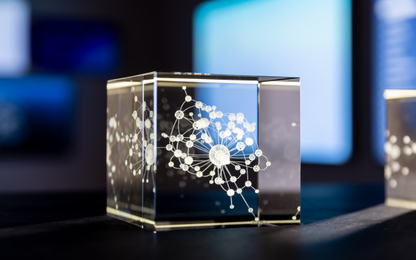 Eine Nahaufnahme einer kleinen Glasbox, in die ein Netzwerk eingraviert ist.
