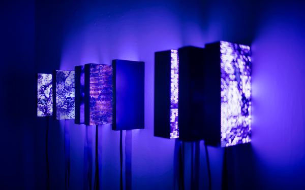 Die Installation besteht aus acht an der Wand hängenden Kästen, die zu leuchten scheinen und den Raum in eine dunkelblaue Farbe tunken.