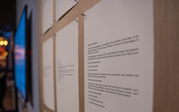 Jeroen van der Most, Peter van der Putten, »Letters from Nature«, 2020. Zu sehen ist eine Wand, auf der mehrere Papierblätter befestigt sind.