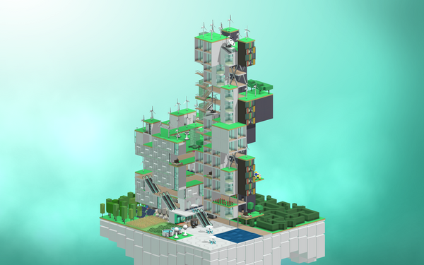 Blockartige Hochhäuser mit dem Titel »Blook'Hood«