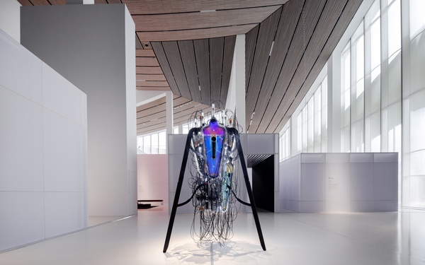 A robotlike sculpture