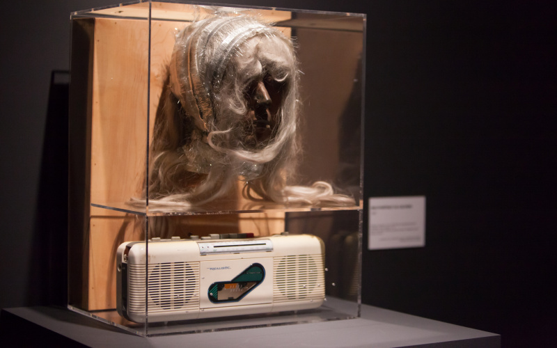 Ein Wachs-Gesicht mit Haaren in einer Vitrine