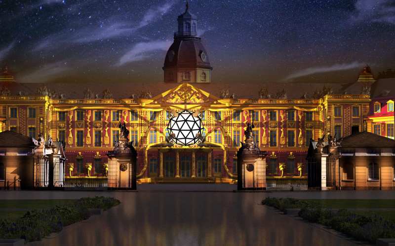 The palace façade is bathed in yellow and red light, in the middle of a white ball