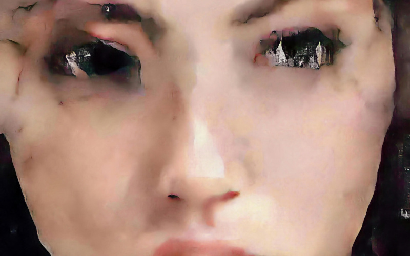 Gesicht einer Frau. Das Portrait, das wie ein Gemälde wirkt, wurde mit Hilfe künstlicher Intelligenz erstellt.