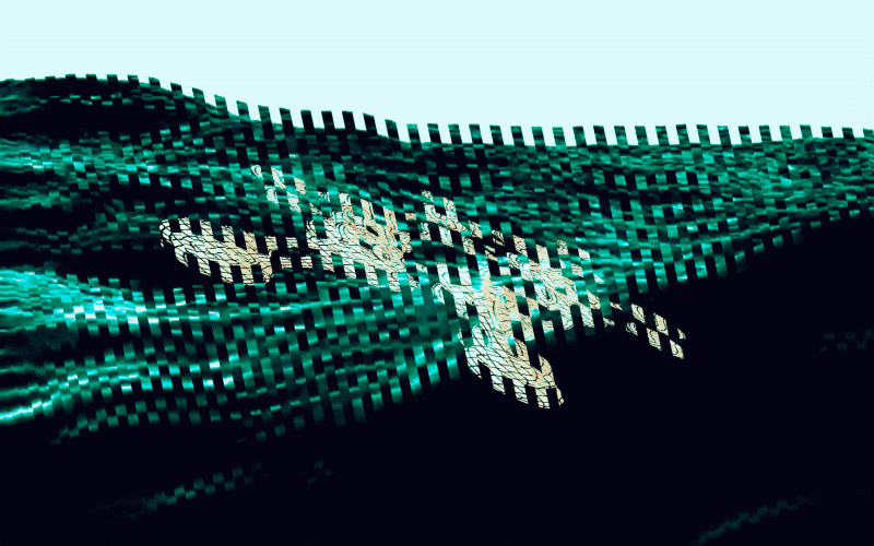 Eine grafische Figur bewegt sich vor dem Hintergrund von computergenerierten Wellen.