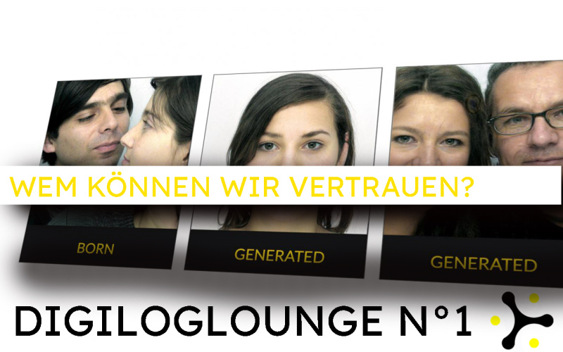 Above a series of three passport images with deepfakes is the exhibition title, "Who Can We Trust?"