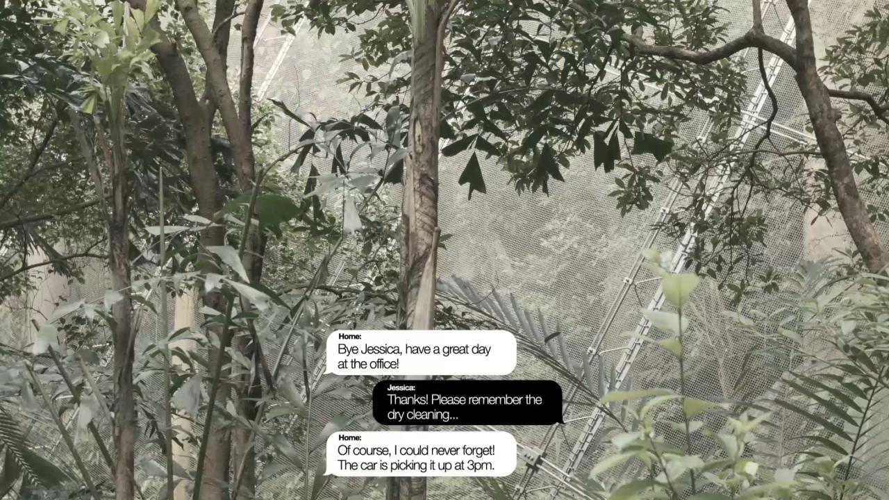 Photomontage of a green forest with a digital chat history