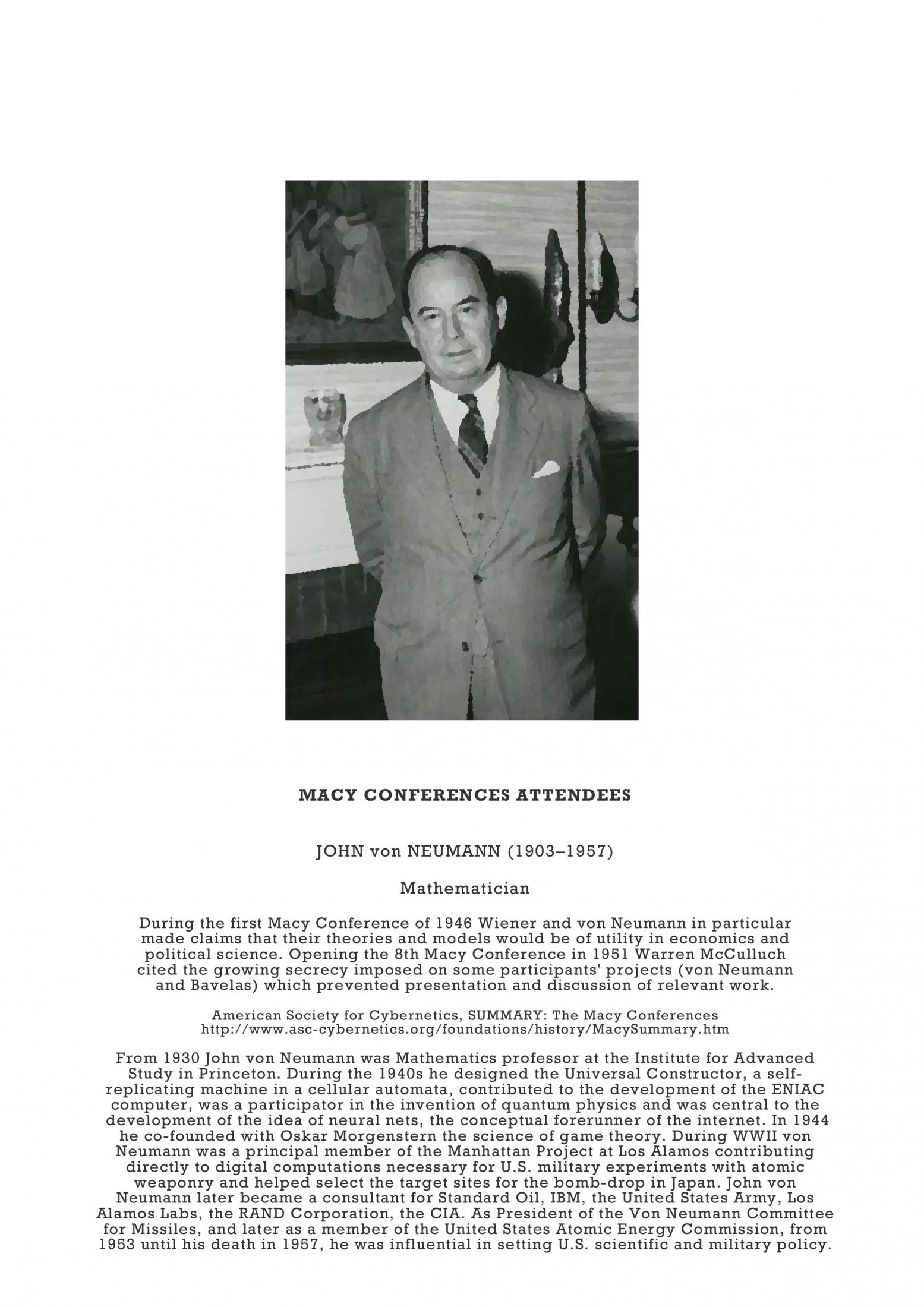 Die Abbildung zeigt ein Foto des Mathematikers John von Neumann auf der Macy Conference 1946, unterhalb des Fotos ist eine Kurzbeschreibung der Konferenz sowie eine Biografie über John von Neumann