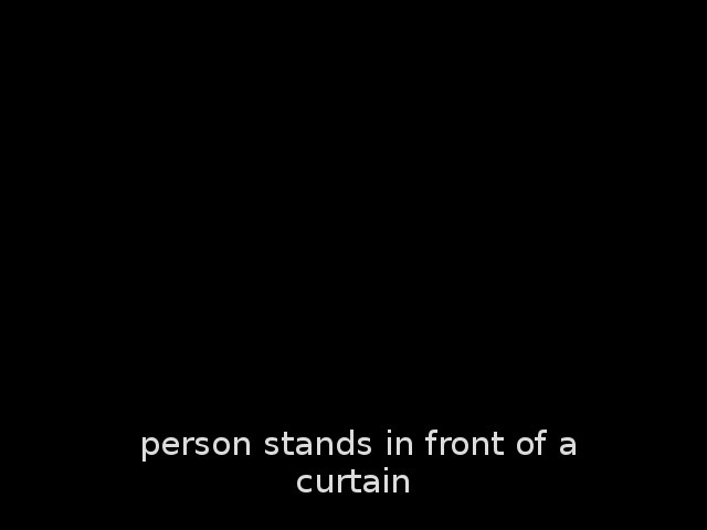 Der Screenshot zeigt einen weißen Text auf schwarzen Hintergrund. Der Text lautet: »person stands in front of a curtain«.