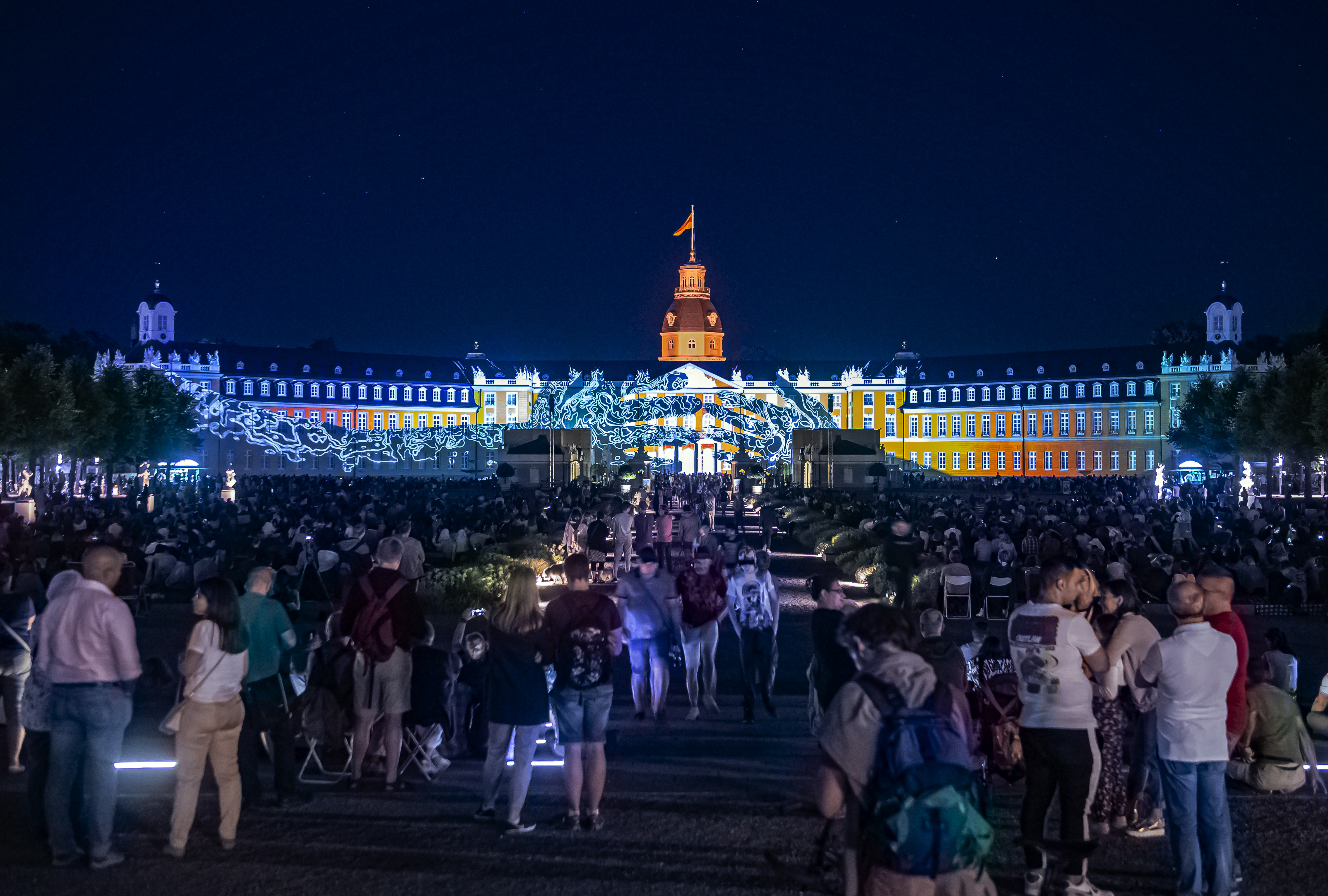 Über die Fassade des Karlsruher Schlosses strecken sich zwei digitale Arme mit Membranmuster aus. Die Hände treffen sich unterhalb des Schlossturmes.