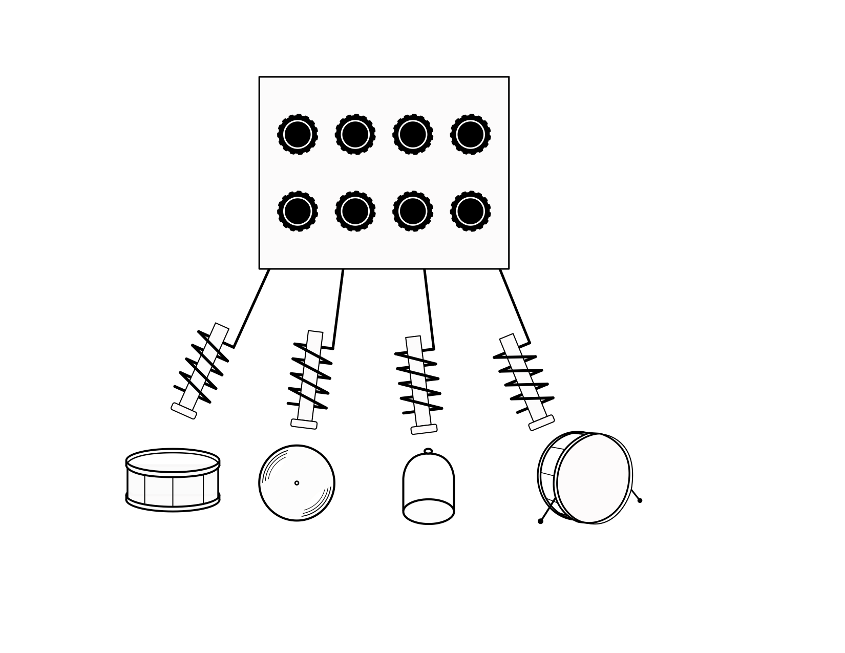 You can see a rectangle with eight dark dots in it, which are reminiscent of connectors. Below are instruments connected to the box by lines and connectors. 