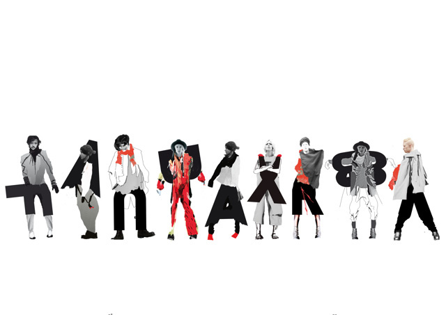 Nine people standing side by side. The surrounding space is completely white. Their heads are real, the clothing was generated in the colors black, gray, white and red by computer. Each body is associated with a letter.