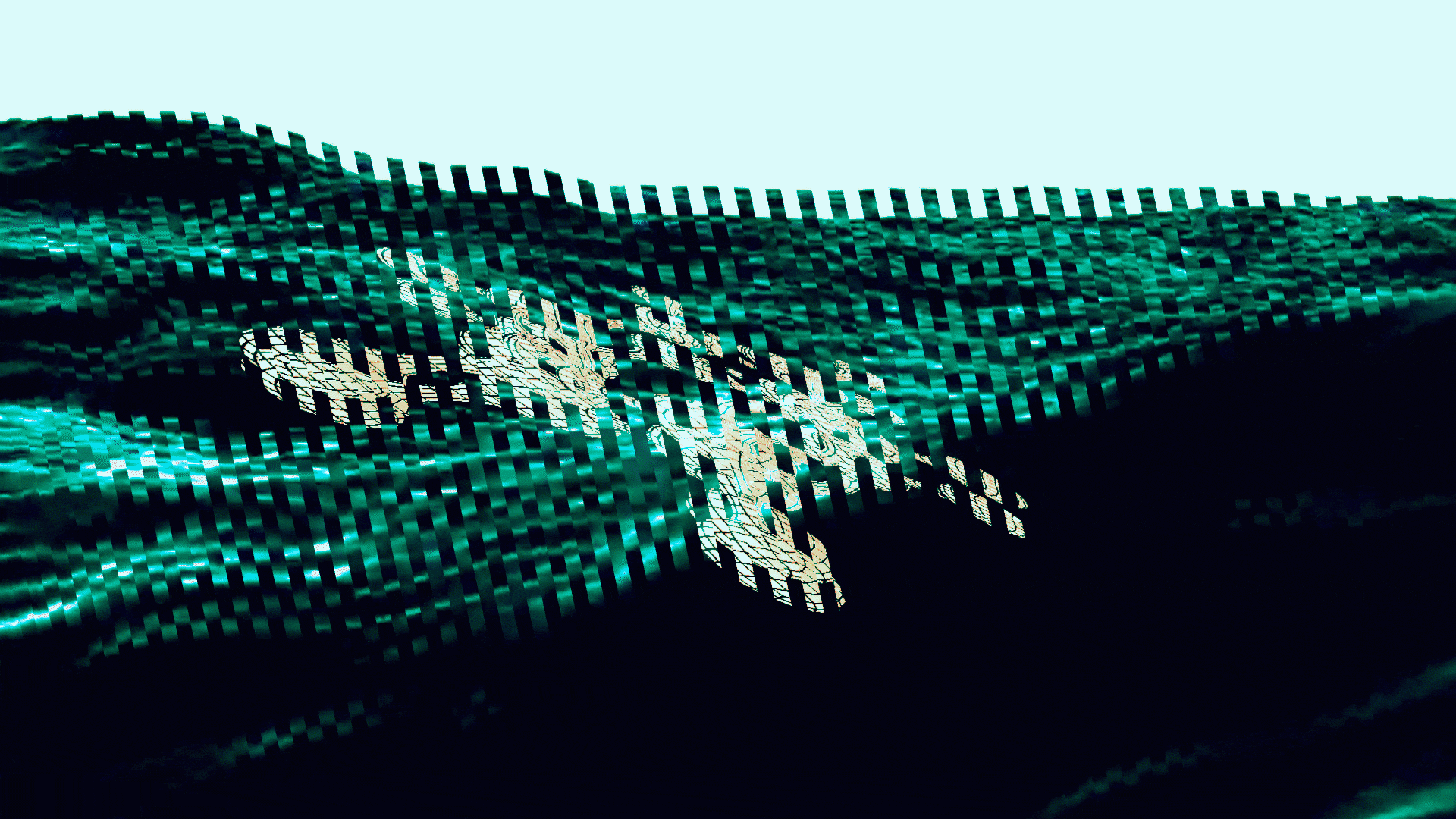 Eine grafische Figur bewegt sich vor dem Hintergrund von computergenerierten Wellen.