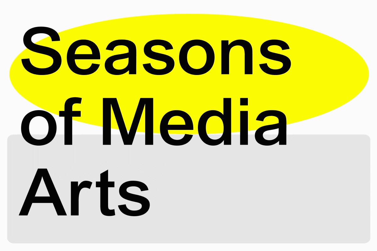 The text »Seasons of Media Arts« in front of a yellow ellipse and a grey rectangle.