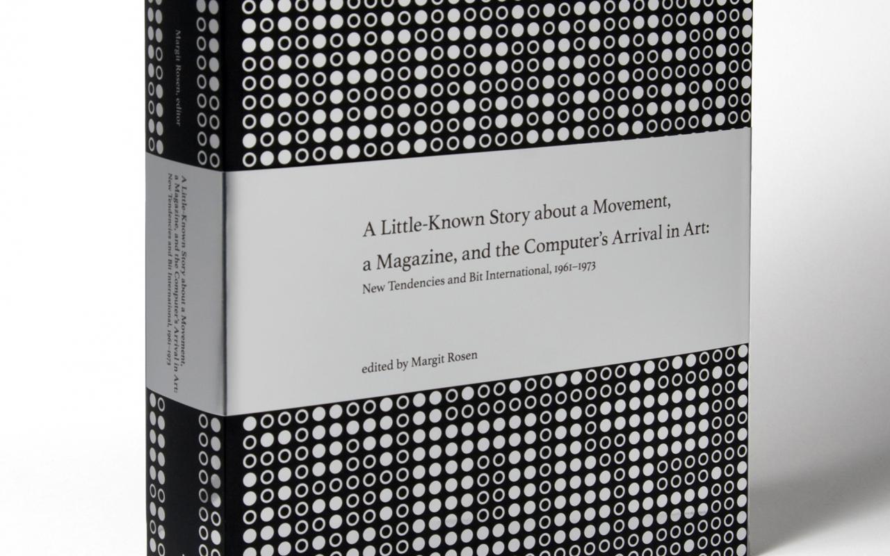 A book with a silver and black cover: The silver dots are arranged  in the form of punched paper tape. The pattern hides the word »bit«, equally written in dots.