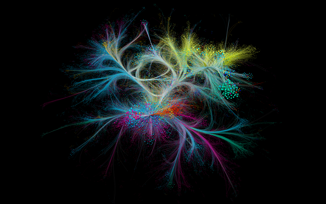 Zu sehen ist eine Visualisierung eines Netzwerkes. Die Kanten des Netzwerkes sind in unterschiedlichen Farben eingefärbt.