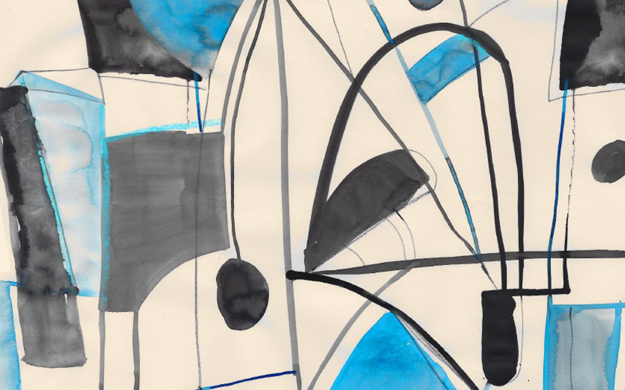 Ein abstraktes Gemälde mit schwarzen und blauen Formen vor einem weißen Hintergrund.
