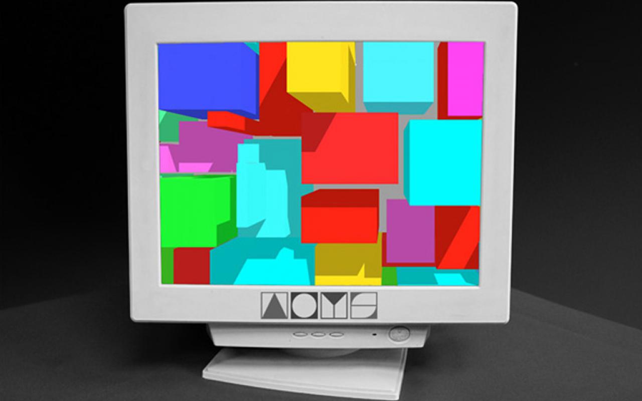 Alter Computerbildschirm mit bunten Quadraten. Am unteren Rand das Logo von 'ArtOnYourScreen'.