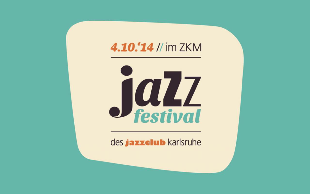 Türkiser Hintergrund, darauf beige abgesetzt eine ovale Fläche, auf der "Jazzfestival" steht