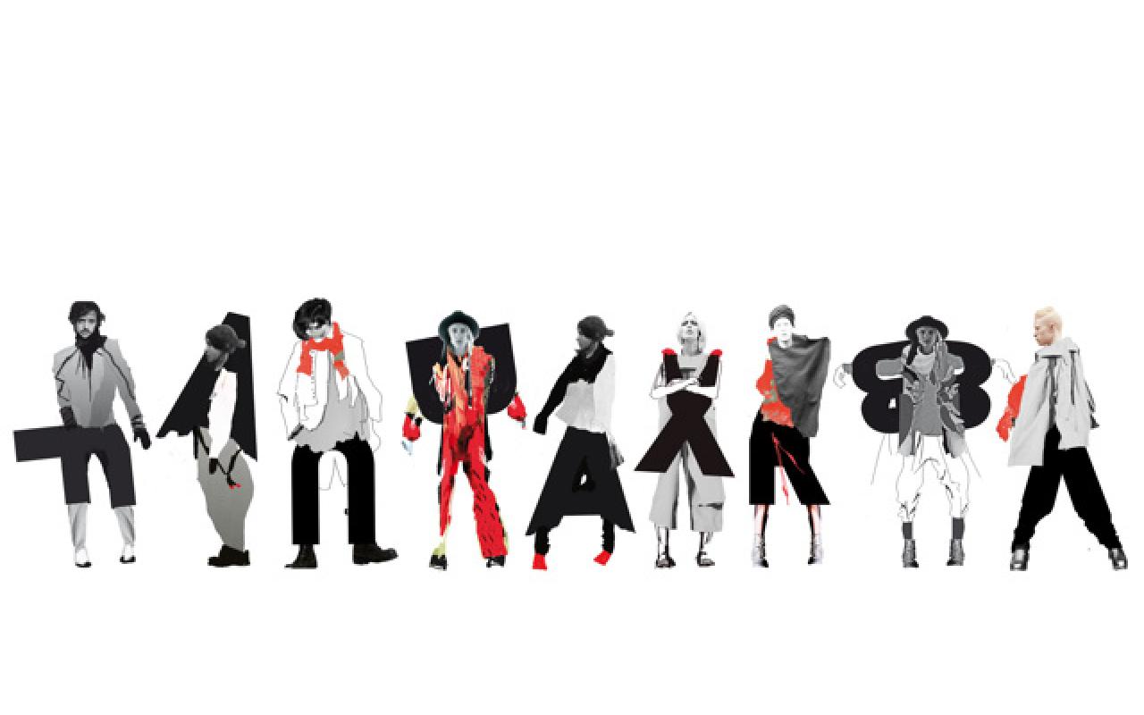Nine people standing side by side. The surrounding space is completely white. Their heads are real, the clothing was generated in the colors black, gray, white and red by computer. Each body is associated with a letter.