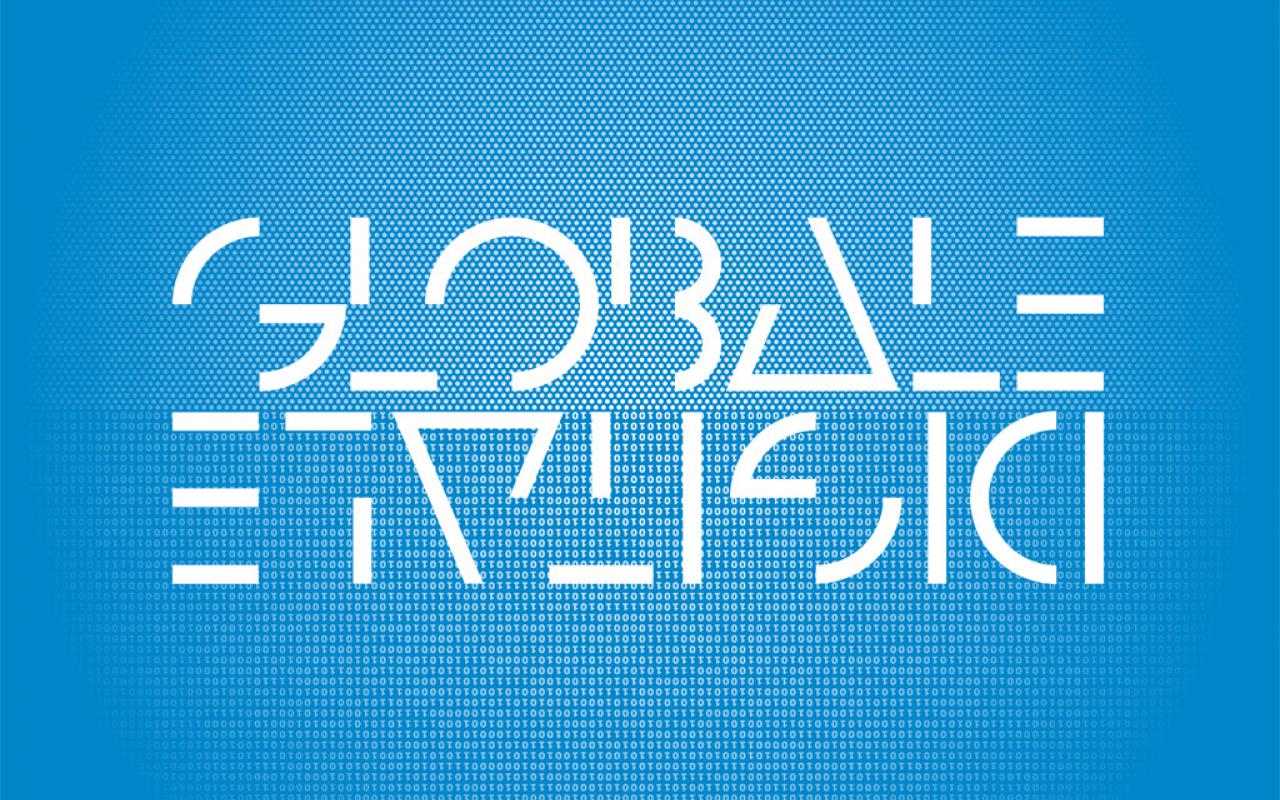 Weiße Schrift auf blauem Hintergrund: GLOBALE und auf dem Kopf DIGITALE