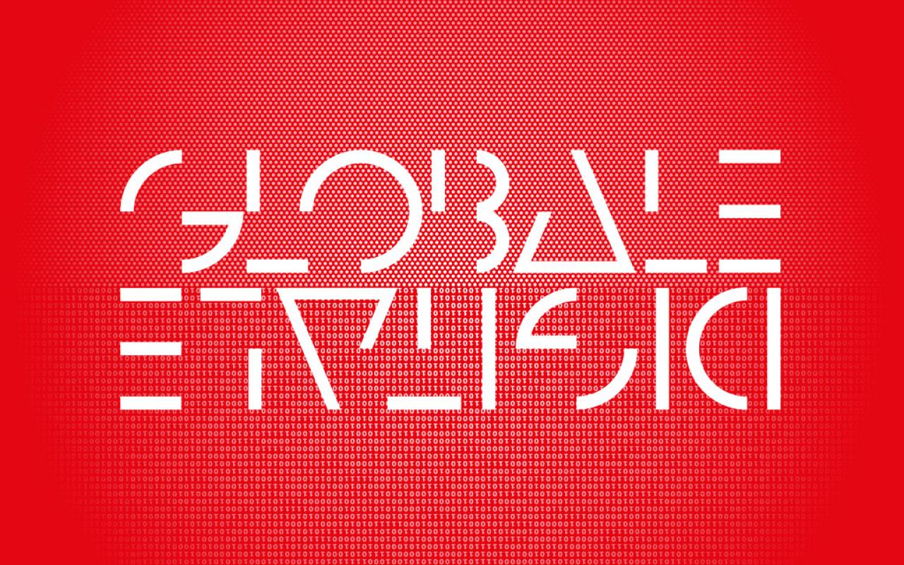 Weiße Schrift auf rotem Hintergrund: GLOBALE und auf dem Kopf DIGITALE