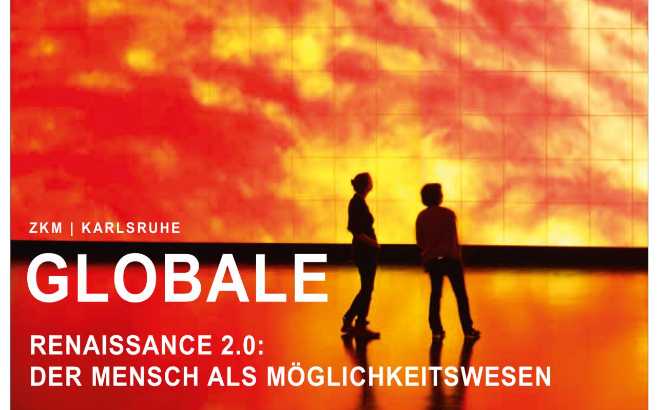 Cover of the magazine »Kunstforum«: Two people standing in front of a projection showing solar flares.